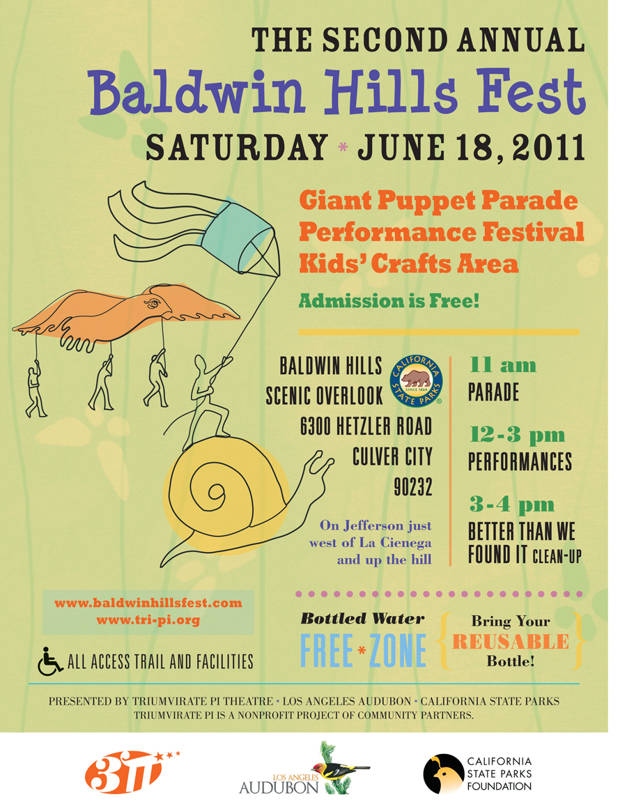 Poster for the Baldwin Hills Fest, a drawing of a hawk puppet and snail puppet with rolling grass and cityscape.